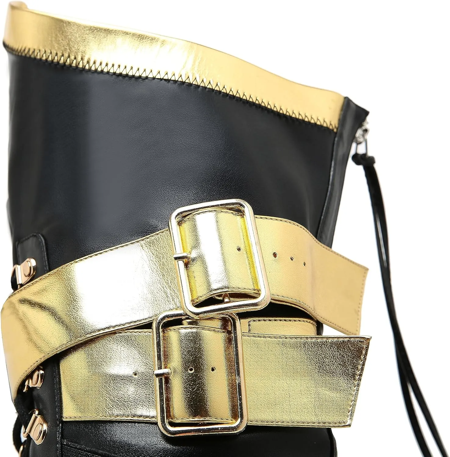STUPMARY Women Platform Boots Round Toe Over The Knee Bootie Lace Up Gold Strap Thigh High Boots