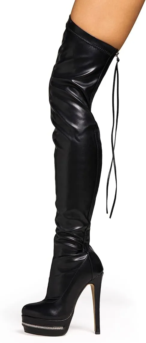 STUPMARY Women Platform Boots Round Toe Over The Knee Bootie Lace Up Gold Strap Thigh High Boots