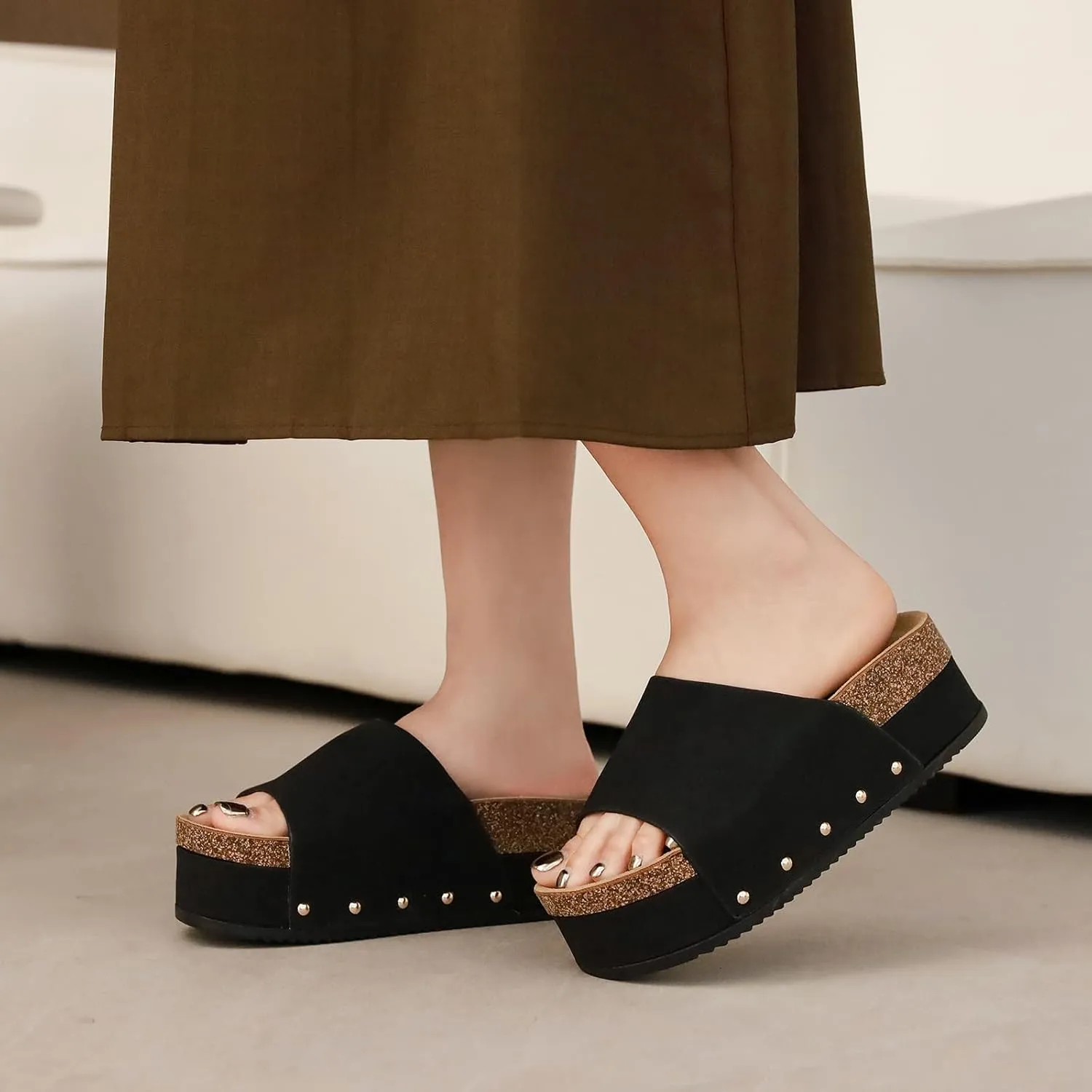 Suede Platform Sandals Women, Cork Footbed Espadrille Wedge Lady, Open Toe Chunky Mules, Summer Beach Slip On Shoes, Casual Comfort Slippers, Outdoor Footwear Slides