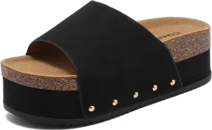 Suede Platform Sandals Women, Cork Footbed Espadrille Wedge Lady, Open Toe Chunky Mules, Summer Beach Slip On Shoes, Casual Comfort Slippers, Outdoor Footwear Slides