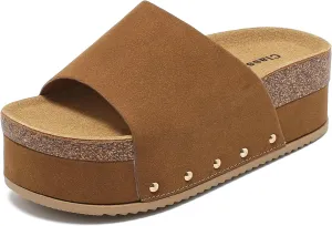 Suede Platform Sandals Women, Cork Footbed Espadrille Wedge Lady, Open Toe Chunky Mules, Summer Beach Slip On Shoes, Casual Comfort Slippers, Outdoor Footwear Slides