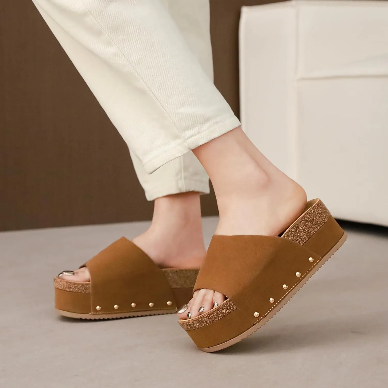 Suede Platform Sandals Women, Cork Footbed Espadrille Wedge Lady, Open Toe Chunky Mules, Summer Beach Slip On Shoes, Casual Comfort Slippers, Outdoor Footwear Slides