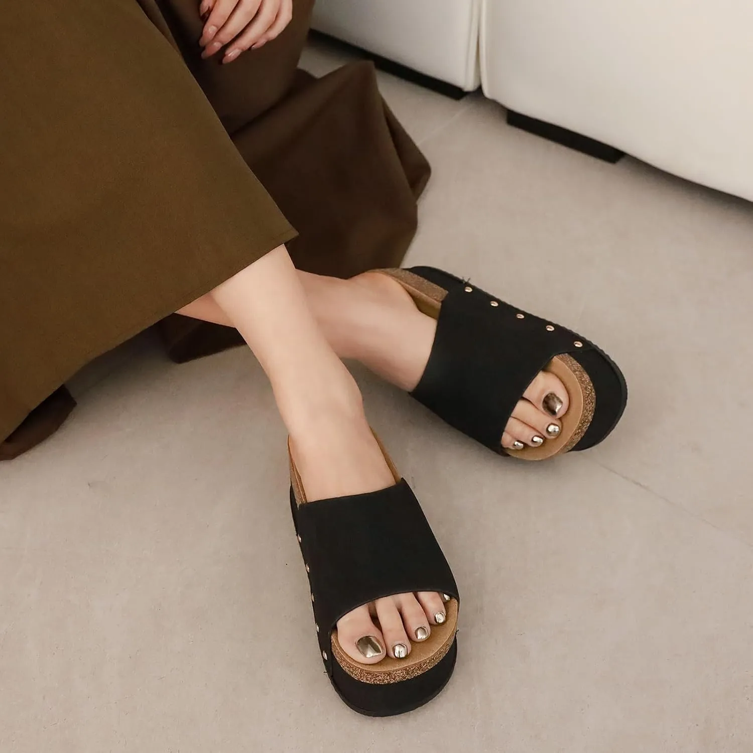 Suede Platform Sandals Women, Cork Footbed Espadrille Wedge Lady, Open Toe Chunky Mules, Summer Beach Slip On Shoes, Casual Comfort Slippers, Outdoor Footwear Slides