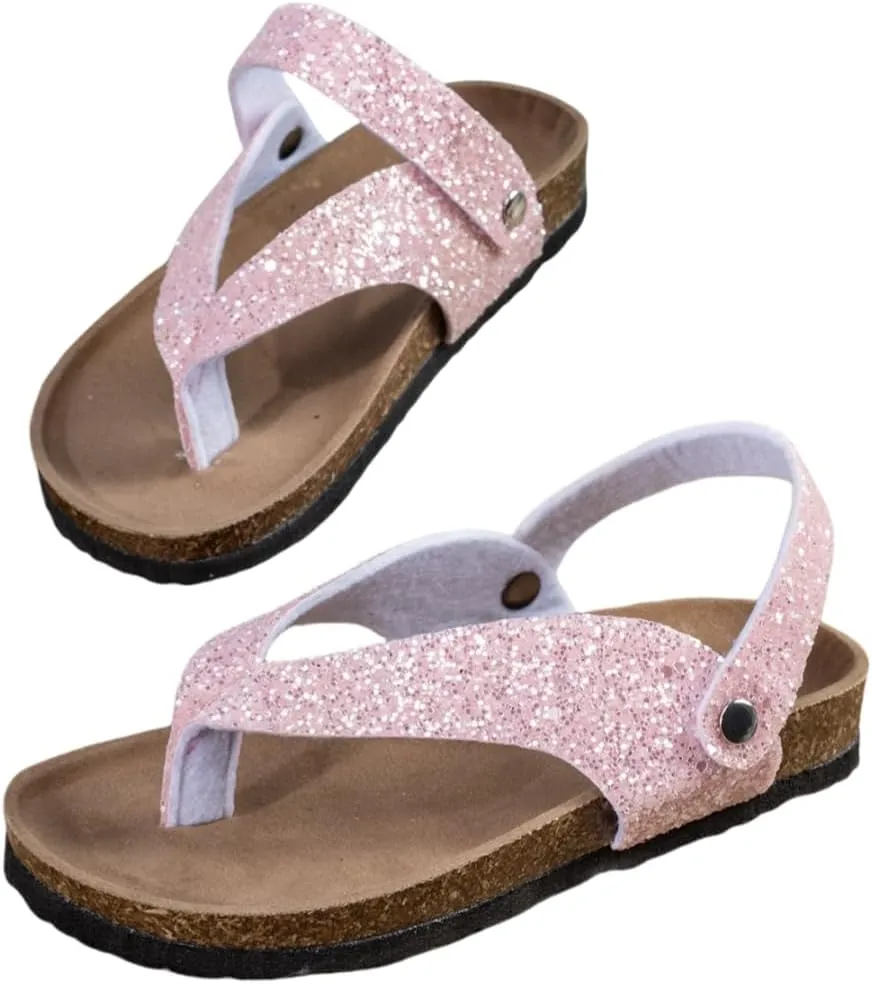 Summer Boys Girls Glitter Sequin Flip Flops Cork Footbed Slides Sparkle Beach Sandals with Back Strap