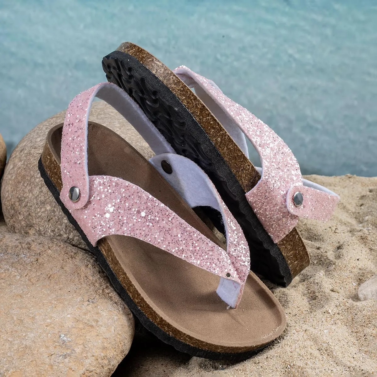 Summer Boys Girls Glitter Sequin Flip Flops Cork Footbed Slides Sparkle Beach Sandals with Back Strap