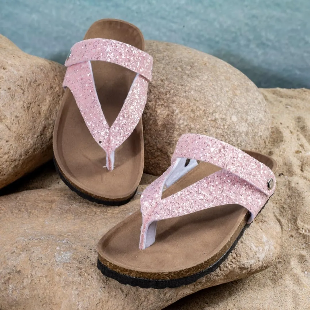 Summer Boys Girls Glitter Sequin Flip Flops Cork Footbed Slides Sparkle Beach Sandals with Back Strap