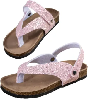 Summer Boys Girls Glitter Sequin Flip Flops Cork Footbed Slides Sparkle Beach Sandals with Back Strap