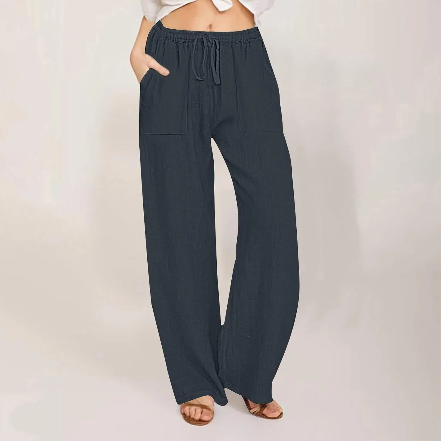 Summer Causal Pants for Women Trendy 2025 High Waisted Drawstring Lounge Trousers Flowy Boho Beach Pant Outfits