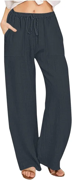 Summer Causal Pants for Women Trendy 2025 High Waisted Drawstring Lounge Trousers Flowy Boho Beach Pant Outfits