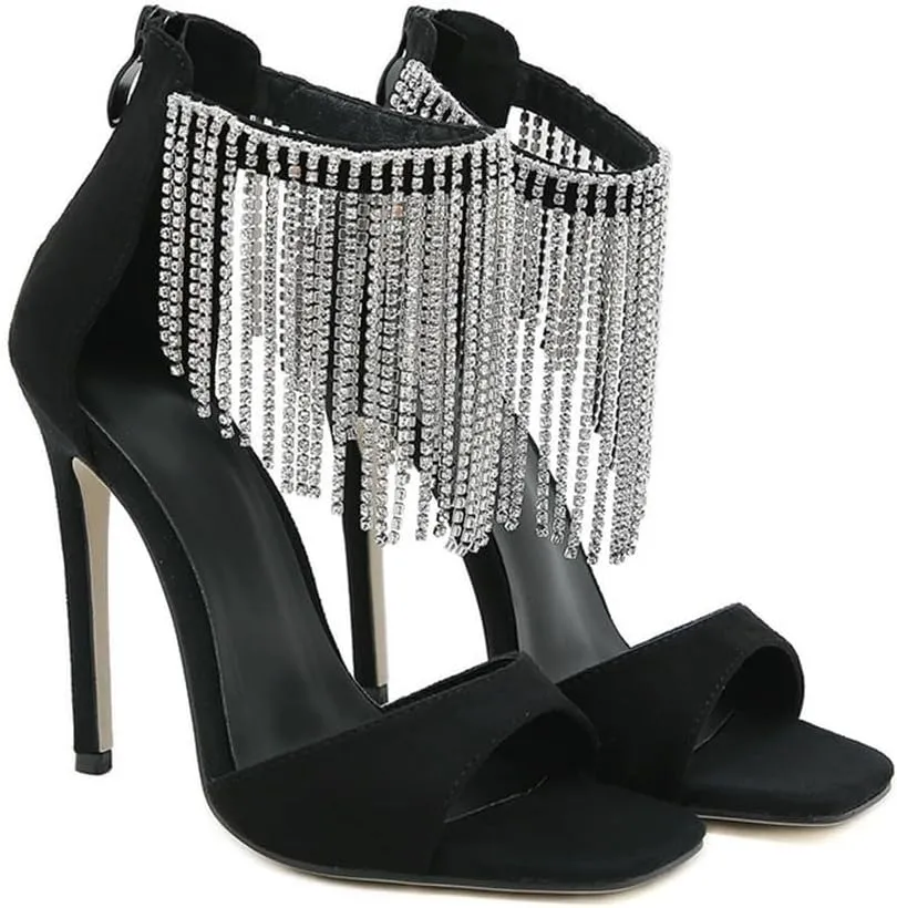 Summer Fashion Tassels Square Open Toe Sandals Woman Zipper Thin High Heels Pole Dance Party Shoes Heels for Women Sexy