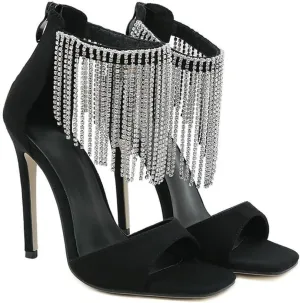 Summer Fashion Tassels Square Open Toe Sandals Woman Zipper Thin High Heels Pole Dance Party Shoes Heels for Women Sexy