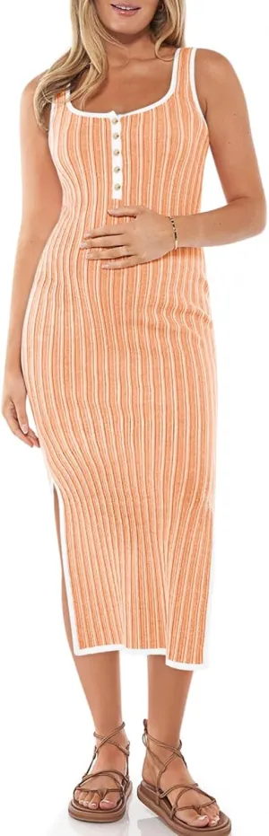 Summer Maternity Dress Rib Knit Sleeveless Button Bodycon Nursing Dresses Side Slit Stretchy Pregnancy Clothes