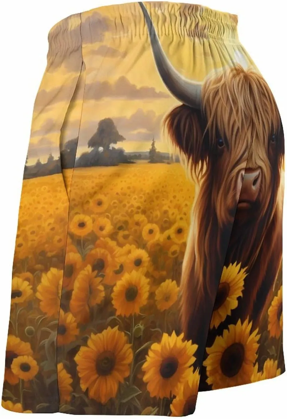 Sunflower Highland Cow Men's Swim Trunks Quick Dry Hawaii Board Shorts Bathing Suits Beachwear with Mesh Lining