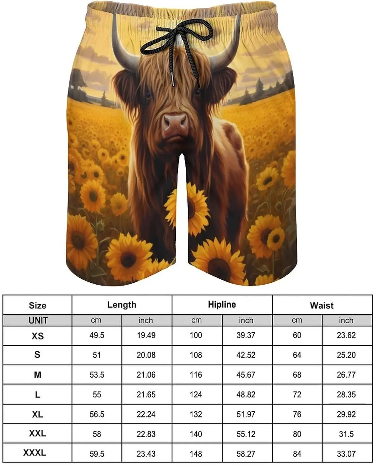 Sunflower Highland Cow Men's Swim Trunks Quick Dry Hawaii Board Shorts Bathing Suits Beachwear with Mesh Lining