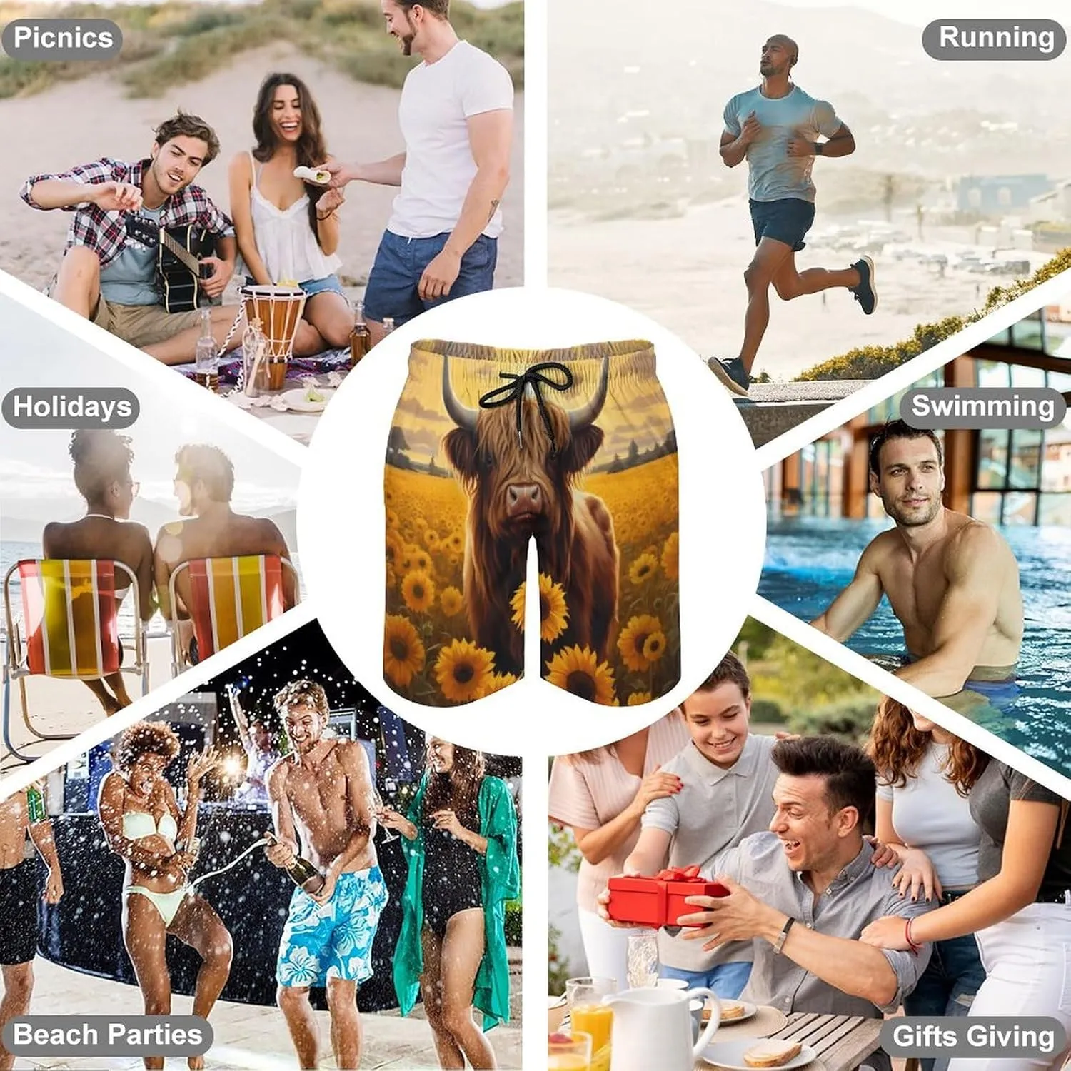 Sunflower Highland Cow Men's Swim Trunks Quick Dry Hawaii Board Shorts Bathing Suits Beachwear with Mesh Lining