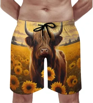 Sunflower Highland Cow Men's Swim Trunks Quick Dry Hawaii Board Shorts Bathing Suits Beachwear with Mesh Lining