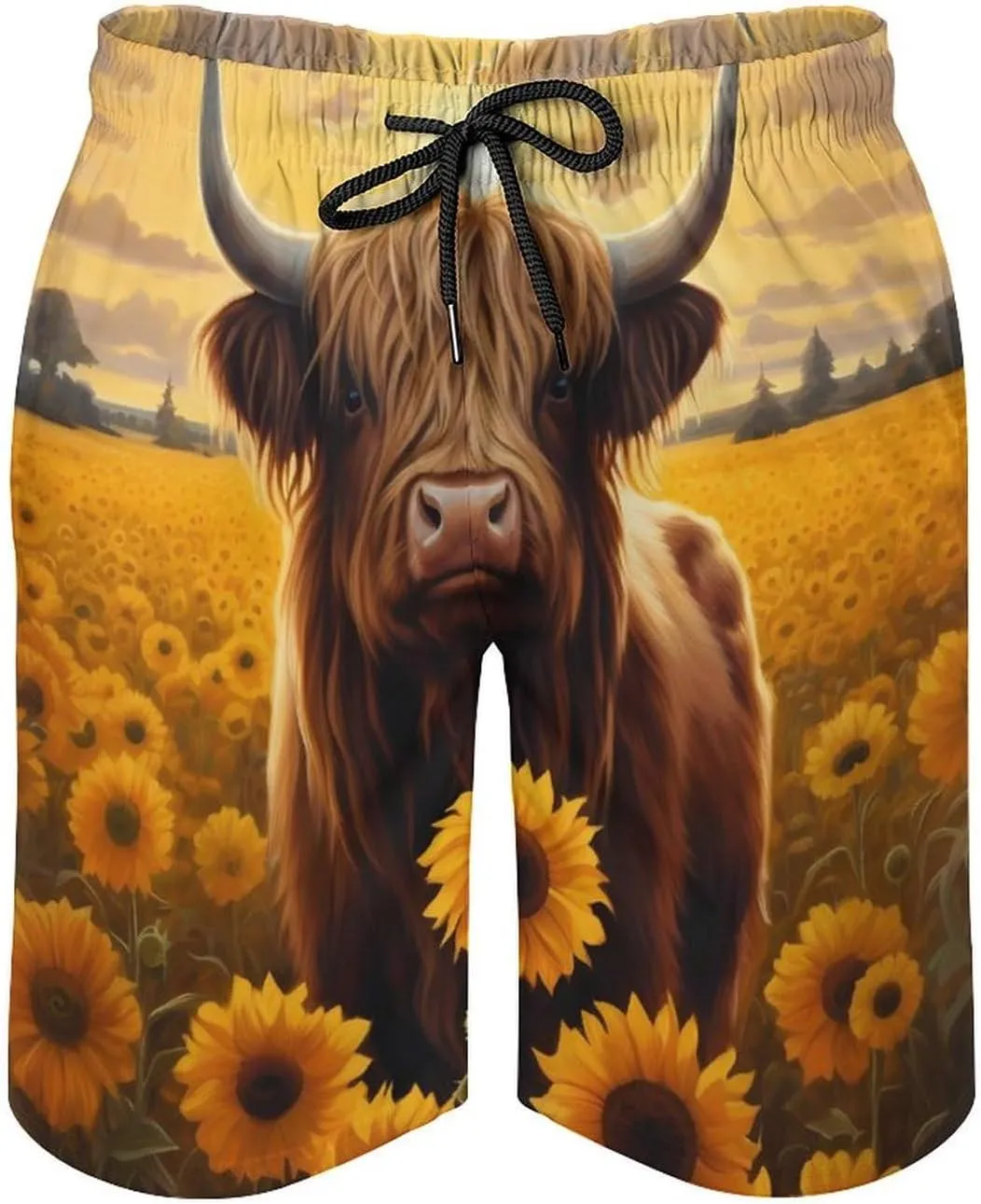 Sunflower Highland Cow Men's Swim Trunks Quick Dry Hawaii Board Shorts Bathing Suits Beachwear with Mesh Lining