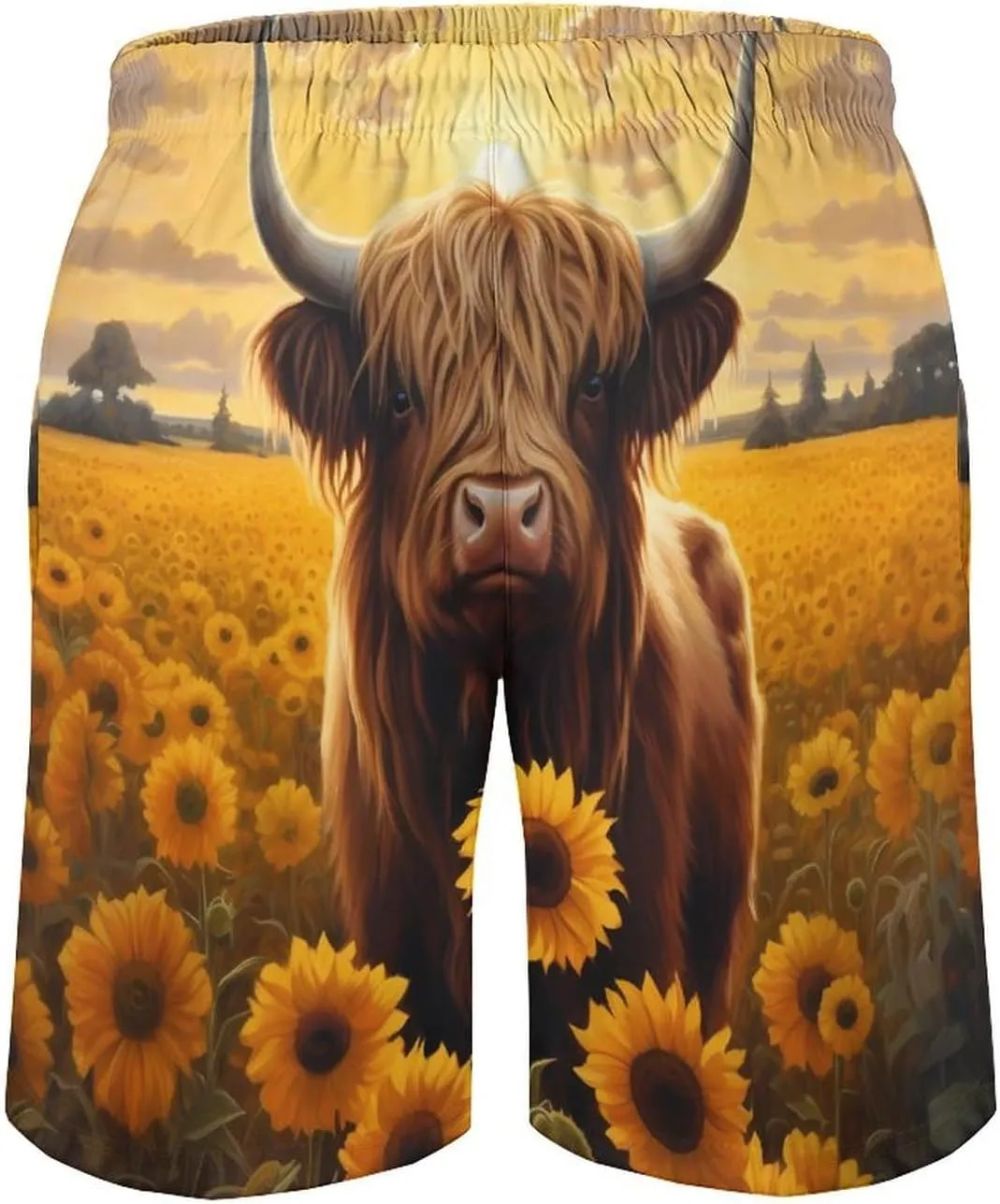 Sunflower Highland Cow Men's Swim Trunks Quick Dry Hawaii Board Shorts Bathing Suits Beachwear with Mesh Lining
