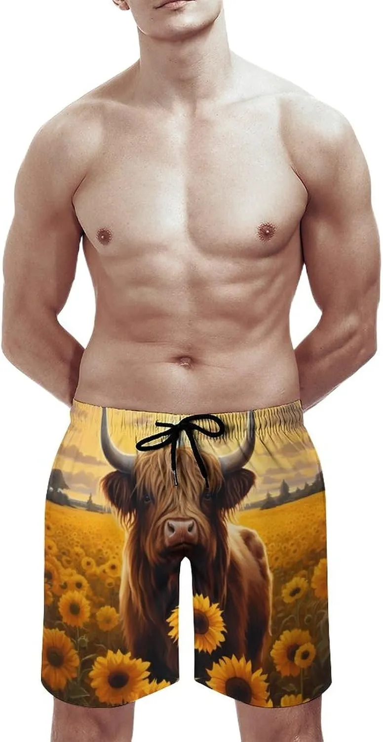 Sunflower Highland Cow Men's Swim Trunks Quick Dry Hawaii Board Shorts Bathing Suits Beachwear with Mesh Lining