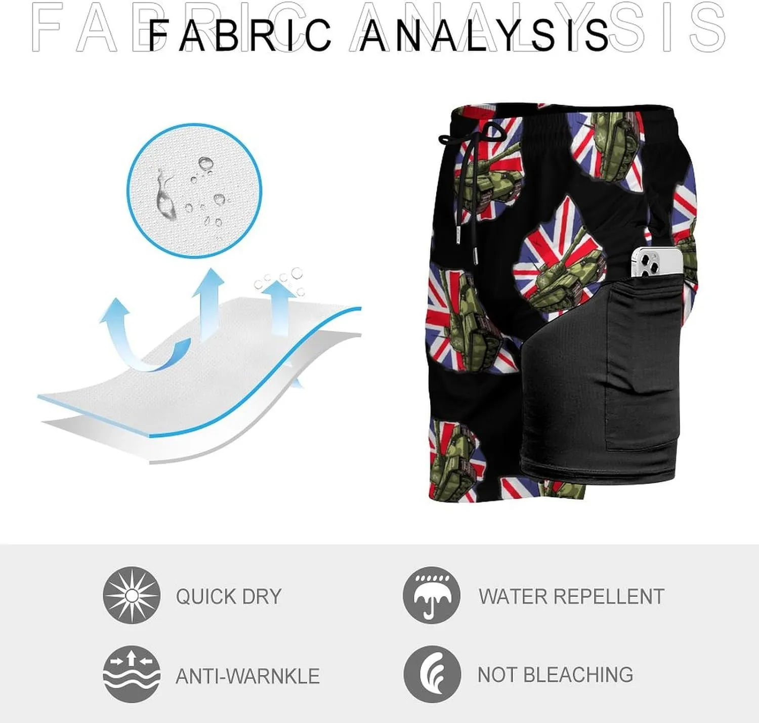 Tank British Flag WW2 Tanks Men's Swim Trunks Quick Dry Board Shorts Swimwear Beach Shorts with Compression Liner