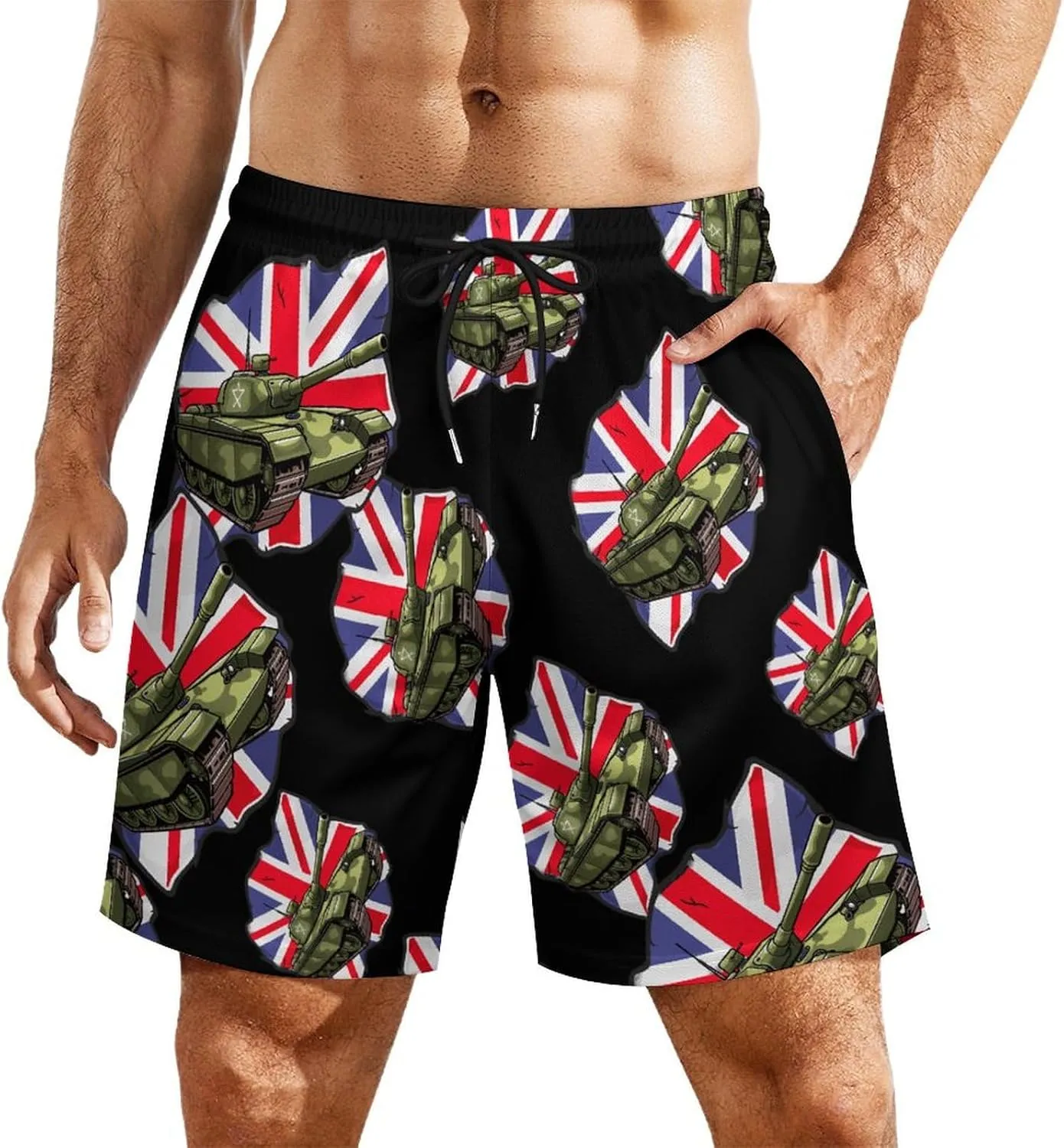 Tank British Flag WW2 Tanks Men's Swim Trunks Quick Dry Board Shorts Swimwear Beach Shorts with Compression Liner