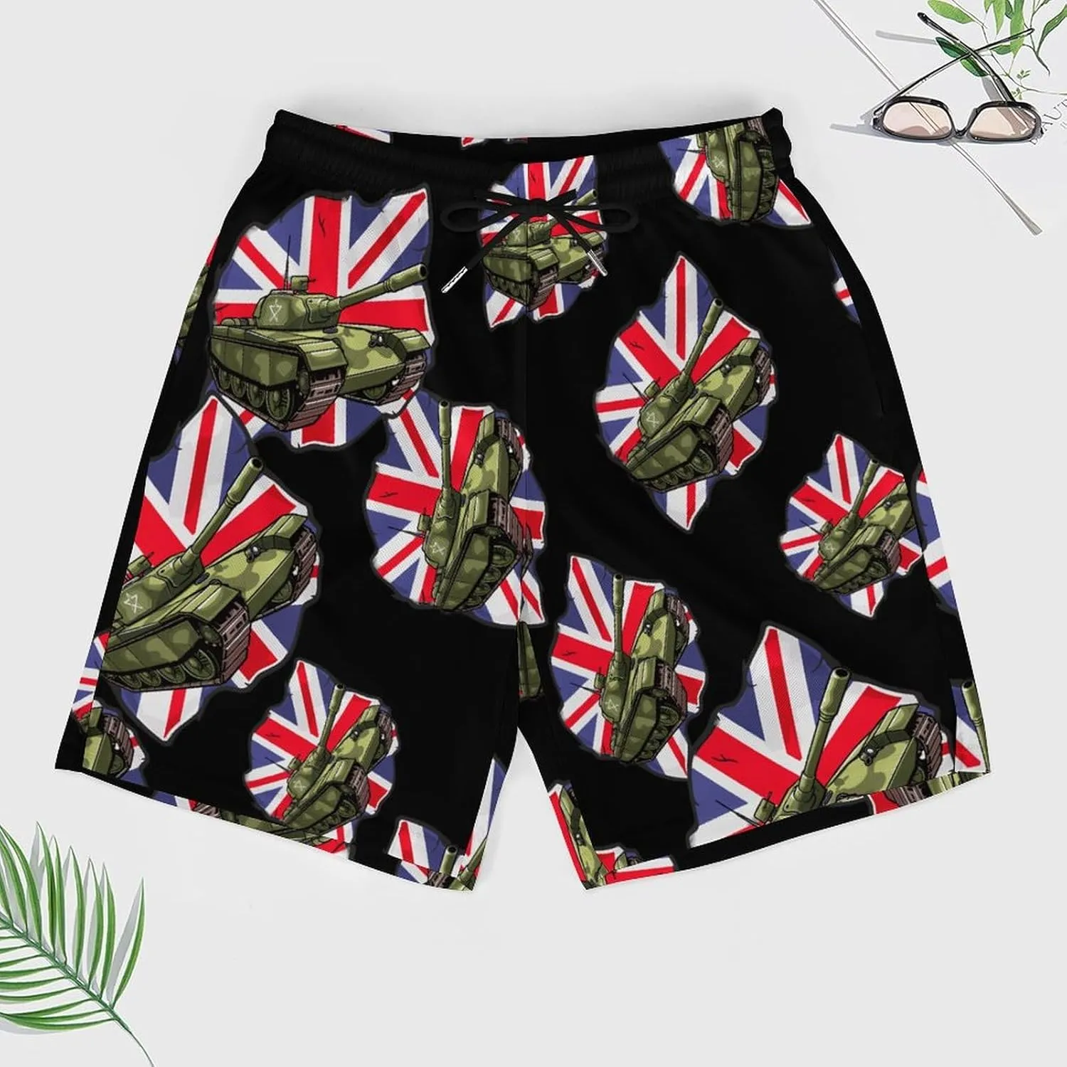Tank British Flag WW2 Tanks Men's Swim Trunks Quick Dry Board Shorts Swimwear Beach Shorts with Compression Liner