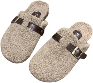 Teddy Plush Slippers with Arch Support for Women,Best Orthopedic Slippers and Clogs for Women,Suitable for Women's Mules, Cork Insoles,Stylish and Comfortable Furry Slippers with Adjustable Buckle