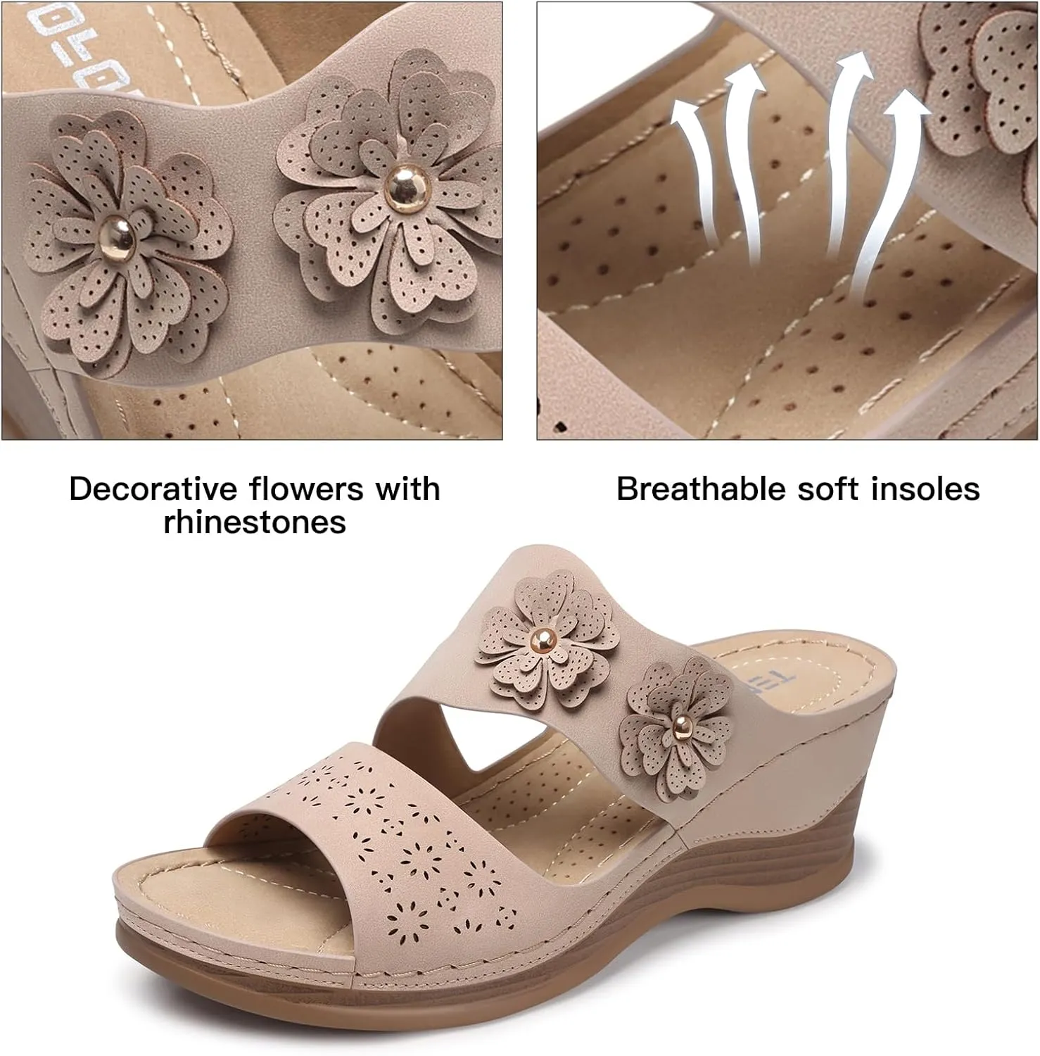 TEMOFON Wedge Sandals for Women Summer: Dressy Low Heel Sandals Black/Navy/White, Comfortable Walking, Arch support, Casual Slip on Summer Shoes, Size 5-11