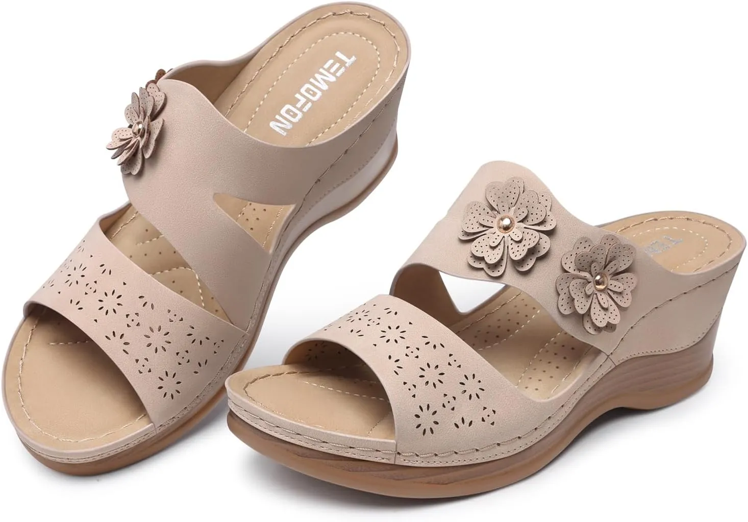 TEMOFON Wedge Sandals for Women Summer: Dressy Low Heel Sandals Black/Navy/White, Comfortable Walking, Arch support, Casual Slip on Summer Shoes, Size 5-11