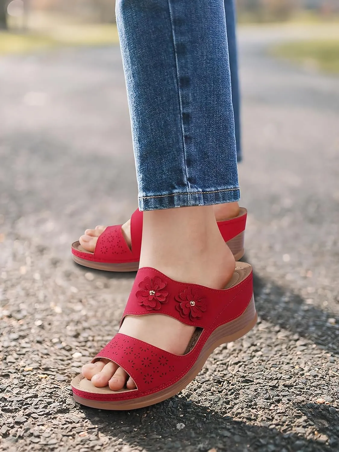 TEMOFON Wedge Sandals for Women Summer: Dressy Low Heel Sandals Black/Navy/White, Comfortable Walking, Arch support, Casual Slip on Summer Shoes, Size 5-11
