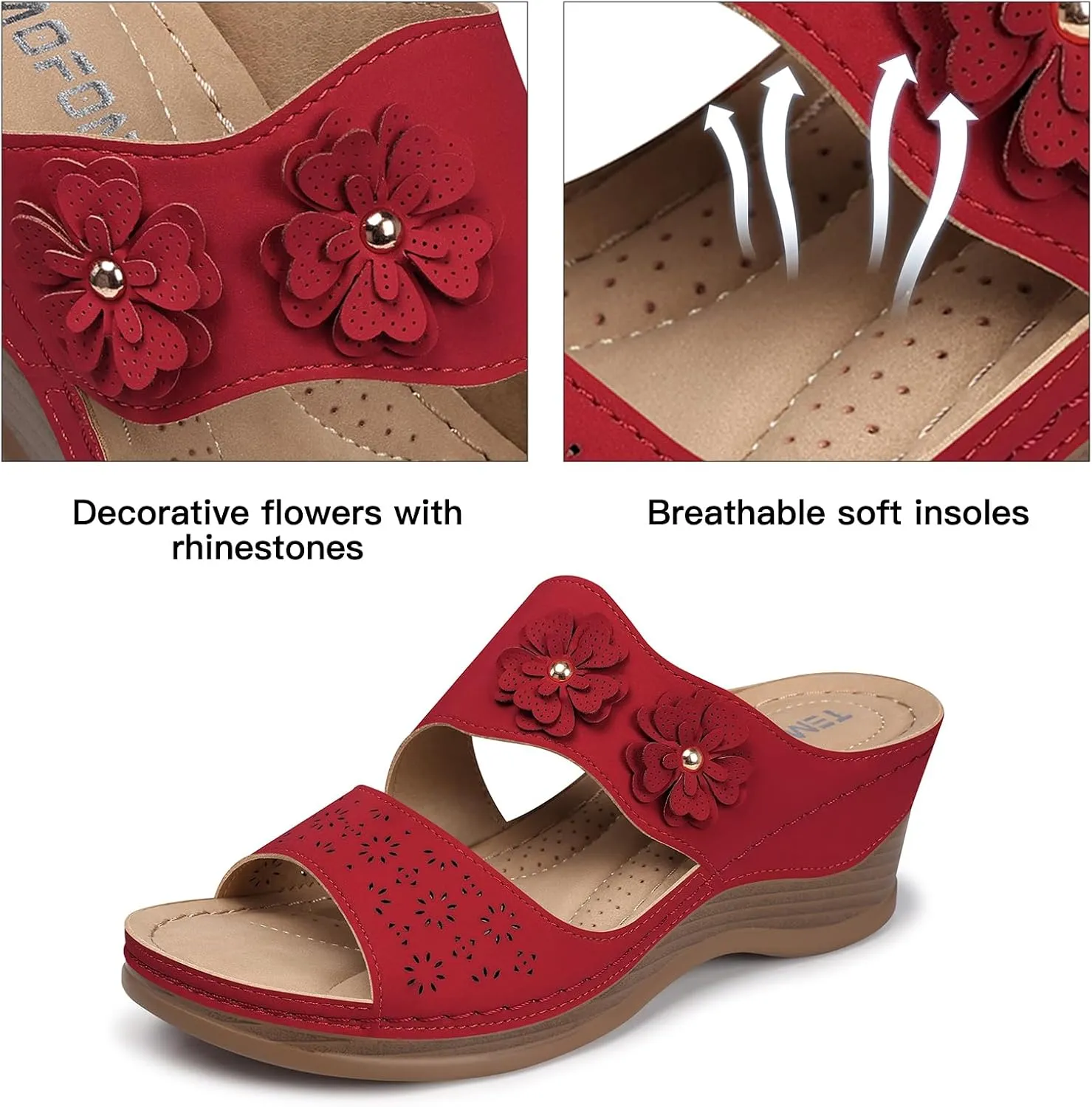 TEMOFON Wedge Sandals for Women Summer: Dressy Low Heel Sandals Black/Navy/White, Comfortable Walking, Arch support, Casual Slip on Summer Shoes, Size 5-11