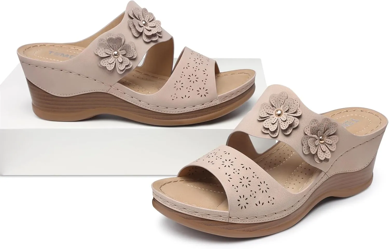 TEMOFON Wedge Sandals for Women Summer: Dressy Low Heel Sandals Black/Navy/White, Comfortable Walking, Arch support, Casual Slip on Summer Shoes, Size 5-11