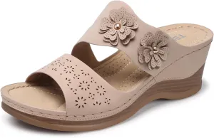 TEMOFON Wedge Sandals for Women Summer: Dressy Low Heel Sandals Black/Navy/White, Comfortable Walking, Arch support, Casual Slip on Summer Shoes, Size 5-11