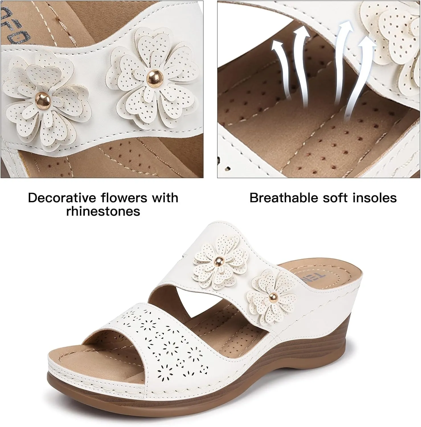TEMOFON Wedge Sandals for Women Summer: Dressy Low Heel Sandals Black/Navy/White, Comfortable Walking, Arch support, Casual Slip on Summer Shoes, Size 5-11