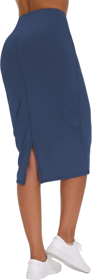 THE GYM PEOPLE Women's High Waist Tummy Control Pencil Skirts Stretchy Bodycon Midi Skirt Below Knee with Back Slit