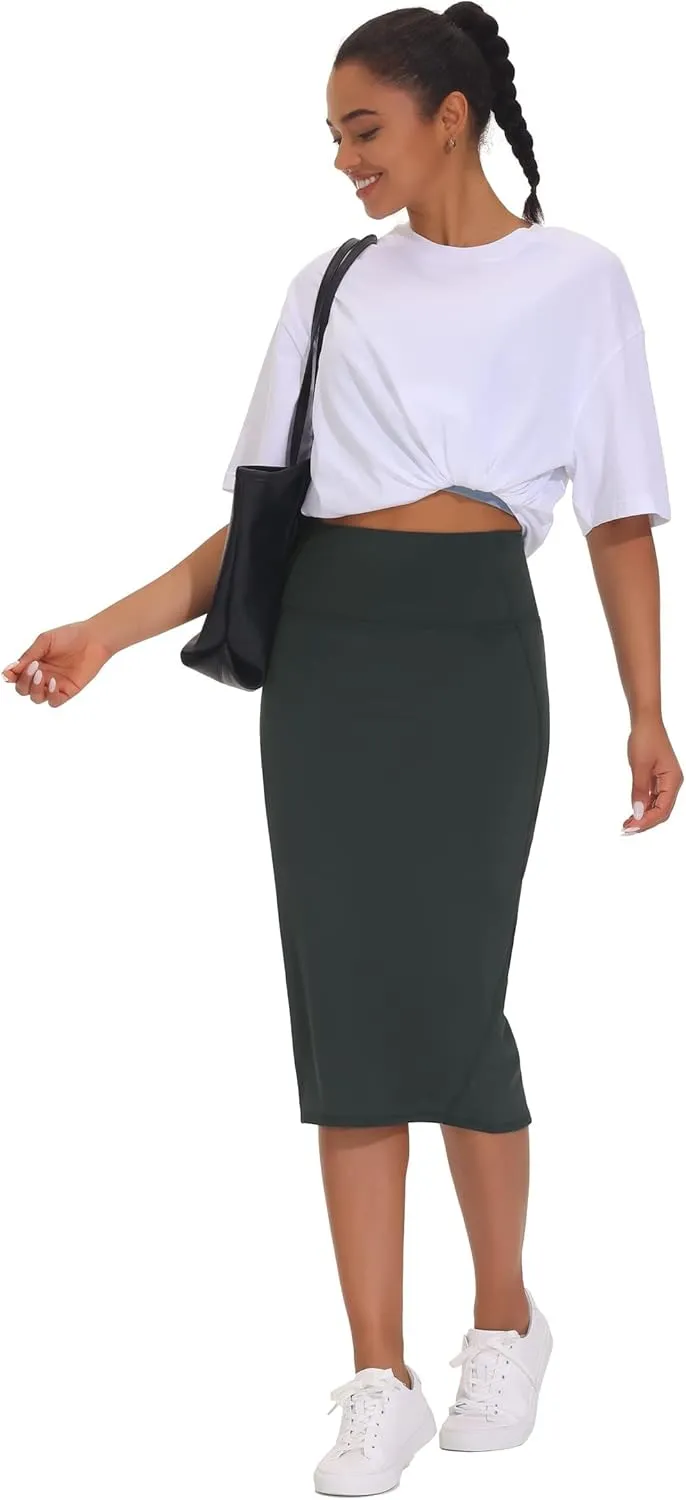 THE GYM PEOPLE Women's High Waist Tummy Control Pencil Skirts Stretchy Bodycon Midi Skirt Below Knee with Back Slit
