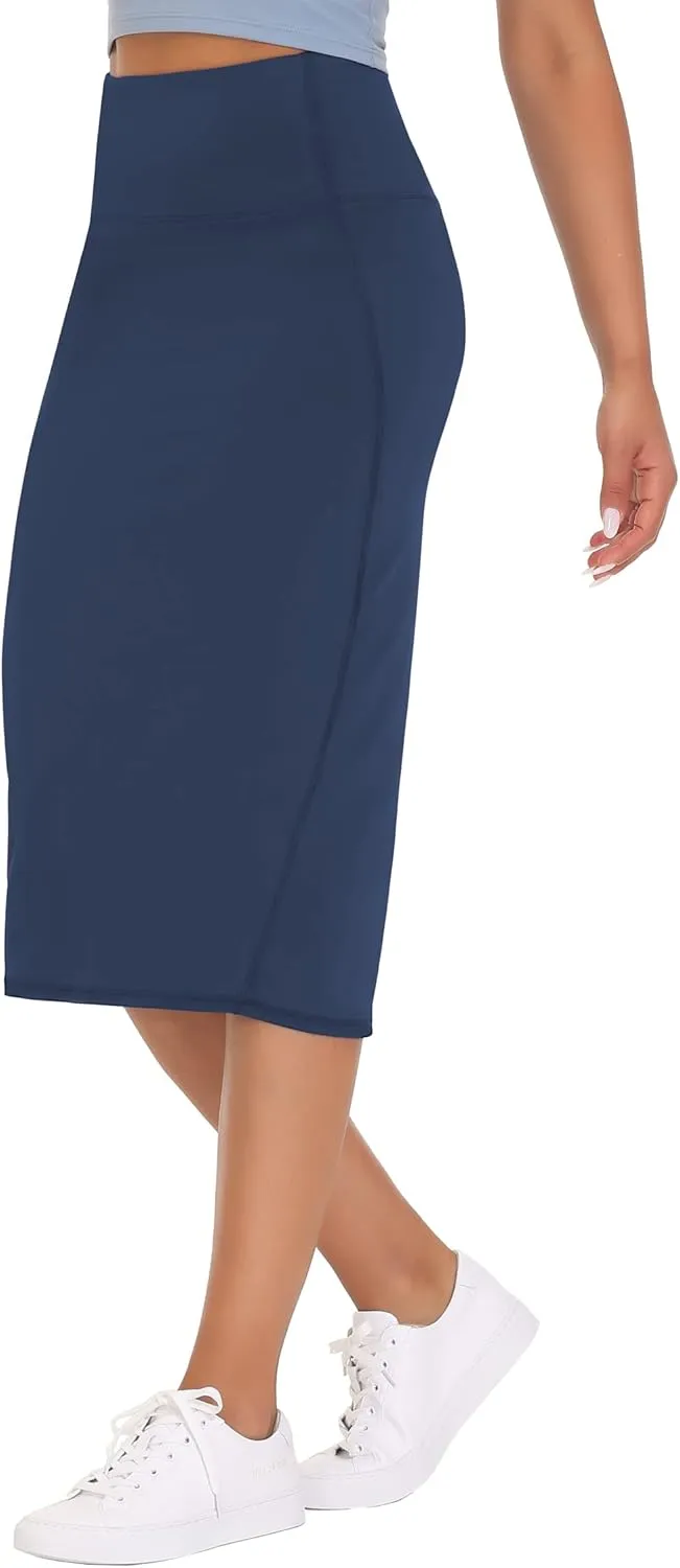 THE GYM PEOPLE Women's High Waist Tummy Control Pencil Skirts Stretchy Bodycon Midi Skirt Below Knee with Back Slit