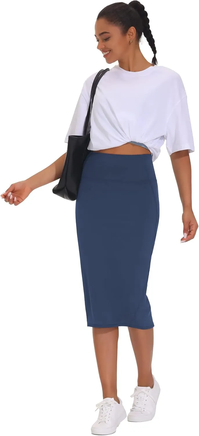 THE GYM PEOPLE Women's High Waist Tummy Control Pencil Skirts Stretchy Bodycon Midi Skirt Below Knee with Back Slit