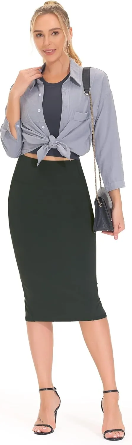 THE GYM PEOPLE Women's High Waist Tummy Control Pencil Skirts Stretchy Bodycon Midi Skirt Below Knee with Back Slit