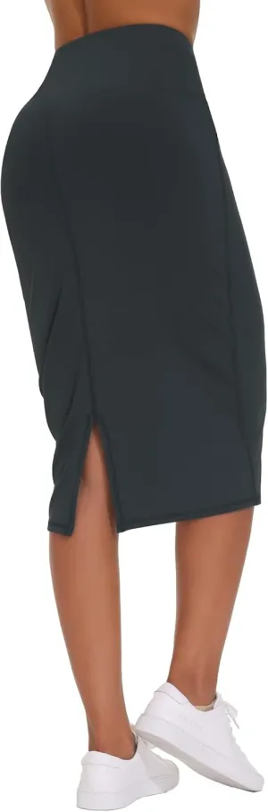THE GYM PEOPLE Women's High Waist Tummy Control Pencil Skirts Stretchy Bodycon Midi Skirt Below Knee with Back Slit