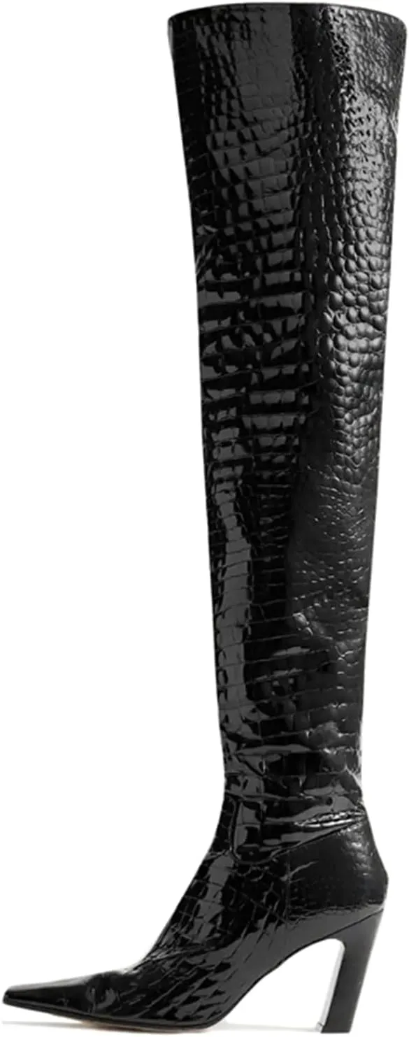 THESHY Women's Chunky High Heel Over The Knee Boots Cowhide Square Toe Thigh High Fahsion Boots Side Zipper Tall Boots