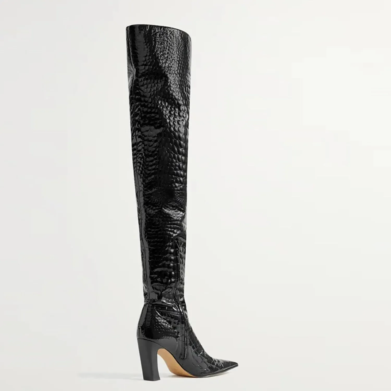 THESHY Women's Chunky High Heel Over The Knee Boots Cowhide Square Toe Thigh High Fahsion Boots Side Zipper Tall Boots