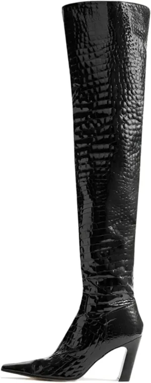 THESHY Women's Chunky High Heel Over The Knee Boots Cowhide Square Toe Thigh High Fahsion Boots Side Zipper Tall Boots