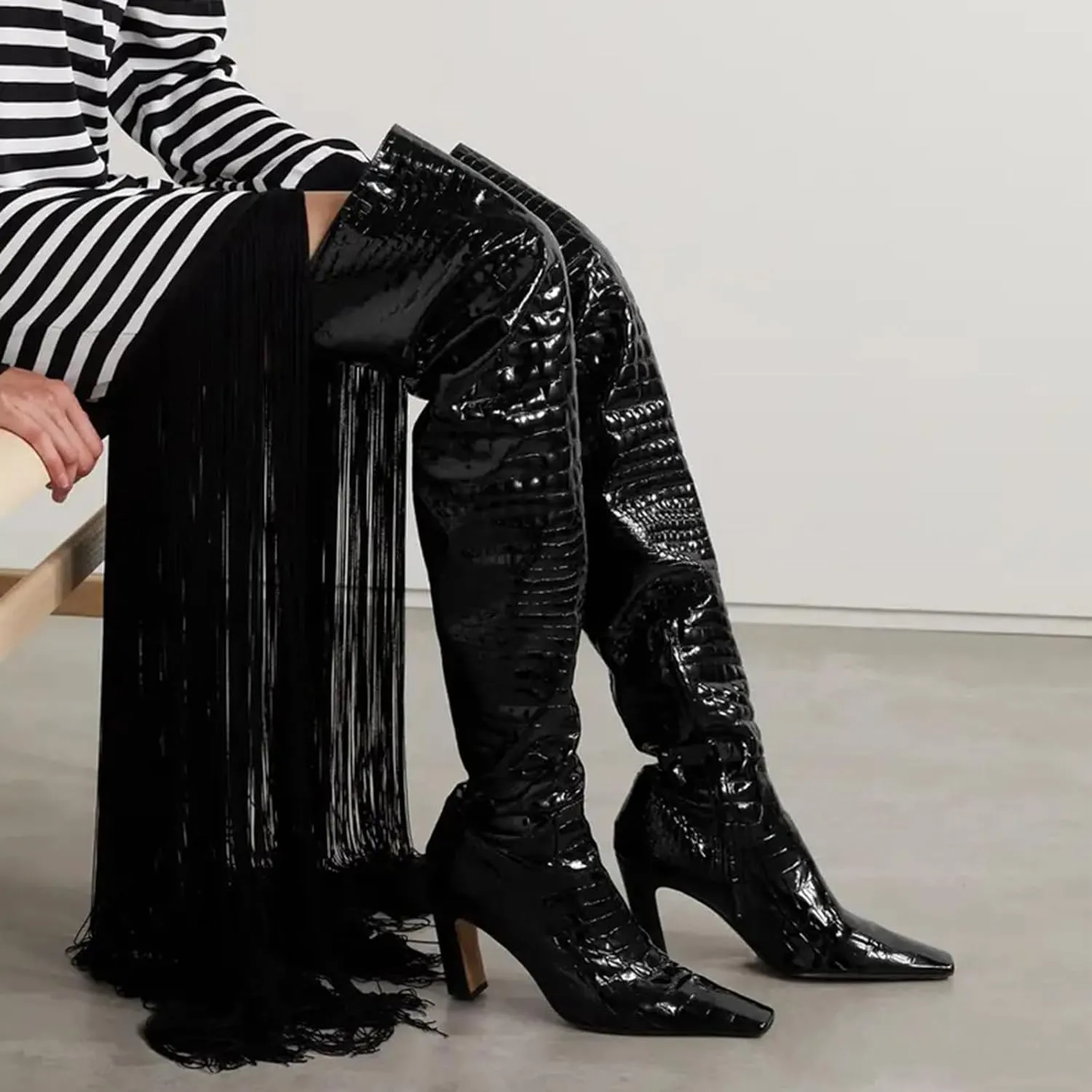 THESHY Women's Chunky High Heel Over The Knee Boots Cowhide Square Toe Thigh High Fahsion Boots Side Zipper Tall Boots