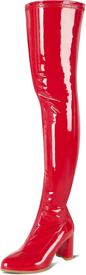 Thigh High Boots for Women Sexy Pointed Toe Over The Knee Boots Cosplay Dance Party Patent Leather Chunky Heels GOGO Knee High Boots