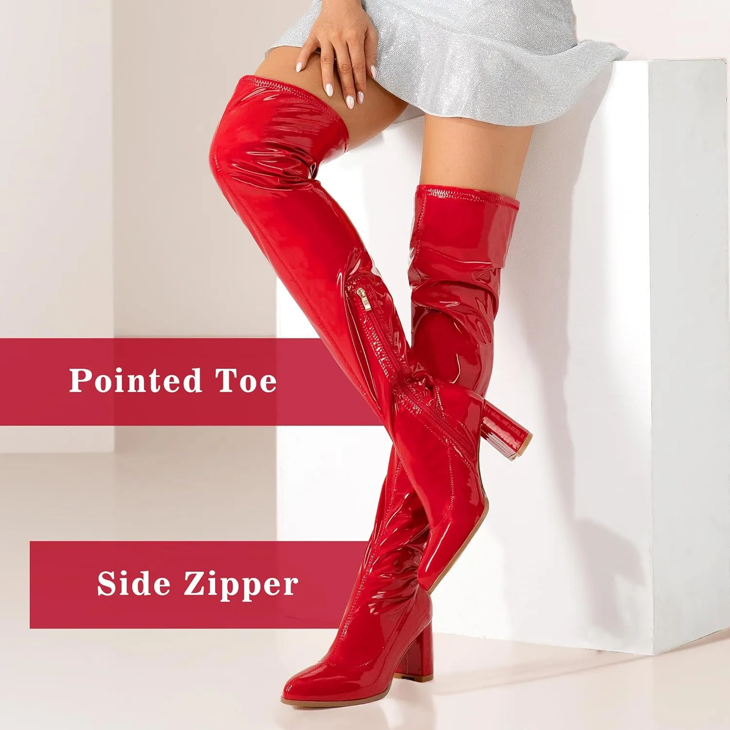Thigh High Boots for Women Sexy Pointed Toe Over The Knee Boots Cosplay Dance Party Patent Leather Chunky Heels GOGO Knee High Boots