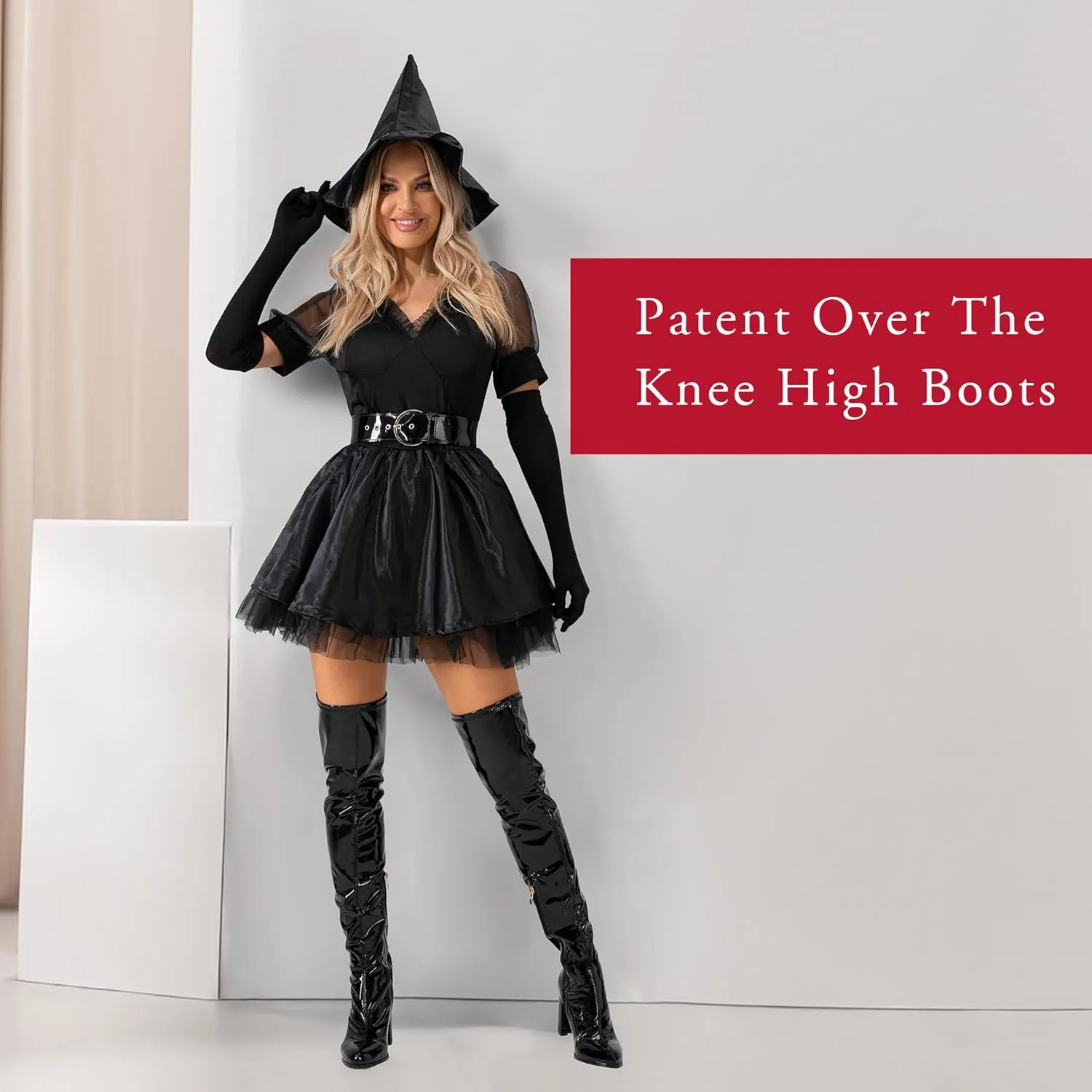 Thigh High Boots for Women Sexy Pointed Toe Over The Knee Boots Cosplay Dance Party Patent Leather Chunky Heels GOGO Knee High Boots