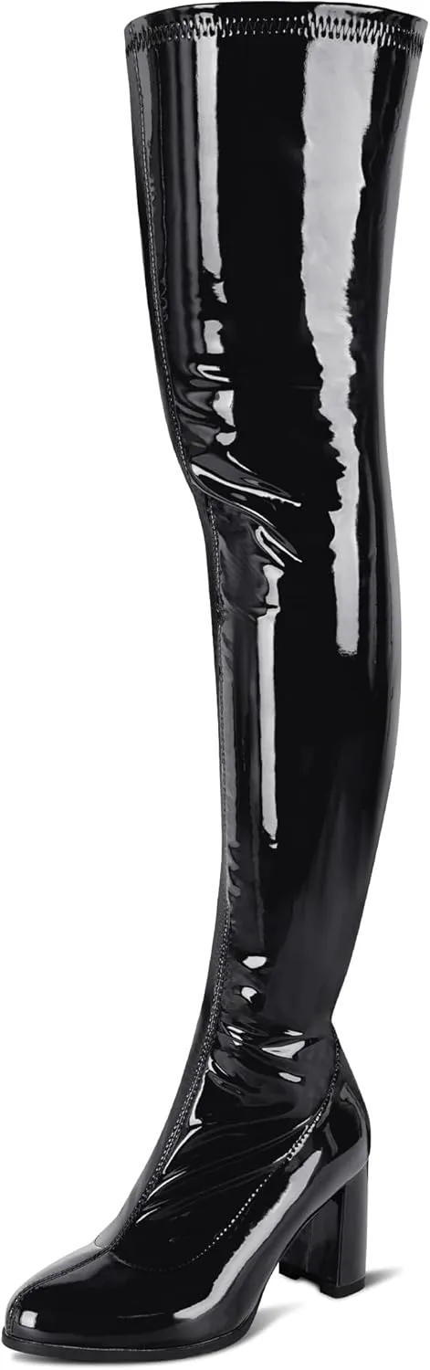 Thigh High Boots for Women Sexy Pointed Toe Over The Knee Boots Cosplay Dance Party Patent Leather Chunky Heels GOGO Knee High Boots