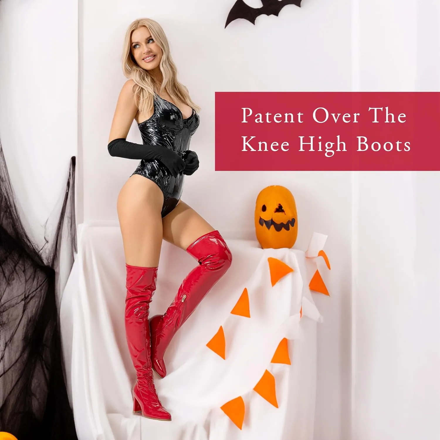 Thigh High Boots for Women Sexy Pointed Toe Over The Knee Boots Cosplay Dance Party Patent Leather Chunky Heels GOGO Knee High Boots