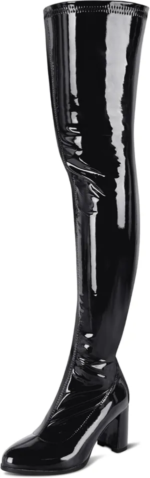 Thigh High Boots for Women Sexy Pointed Toe Over The Knee Boots Cosplay Dance Party Patent Leather Chunky Heels GOGO Knee High Boots